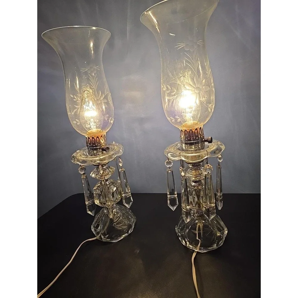 Pair of Etched Glass Boudoir Mantle Crystal Prisms Hurricane Table Lamps